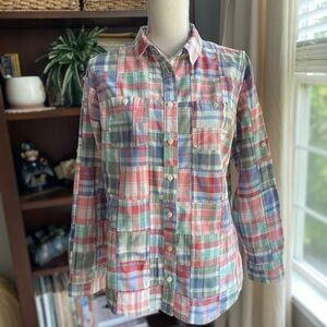 L.L. Bean Madres Button Down Patchwork Top Shirt Size Medium NWT
